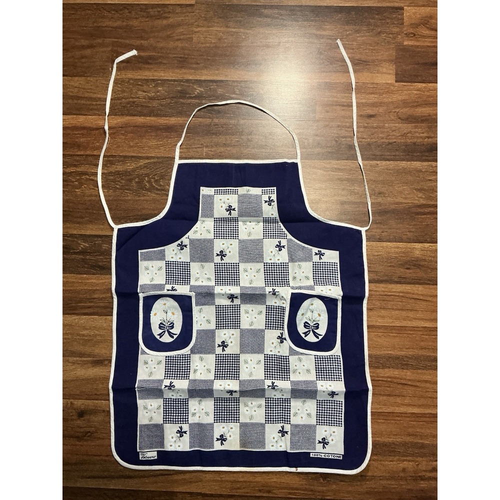 Vtg Vesuvo Charming Blue & White Gingham Cotton Apron String Closure